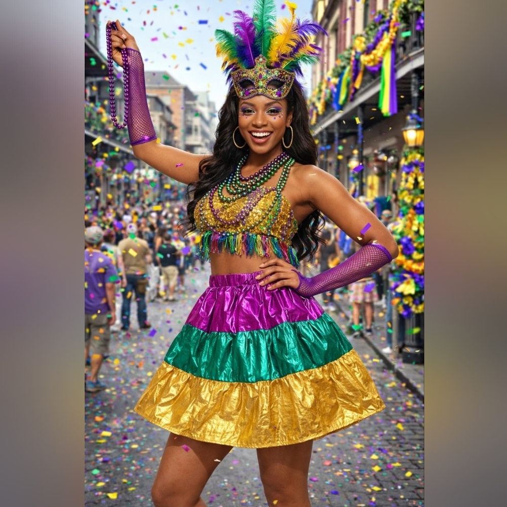 Bibi Metallic Mardi Gras Color Block Mini Skirt, Size L, NWT